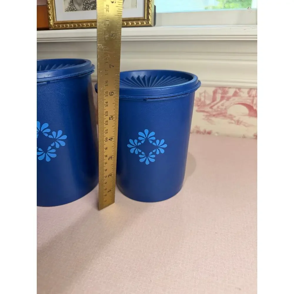 Vintage Tupperware Canister Set, Servalier, Set of 3 Dark Blue Sunburst Lids